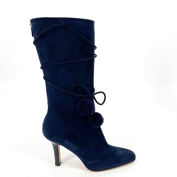 Jimmy Choo Retro y2k Navy Blue Suede Pom Pom Tie Mid-Calf Heeled Boot IT 37.5 - Picture 2 of 12